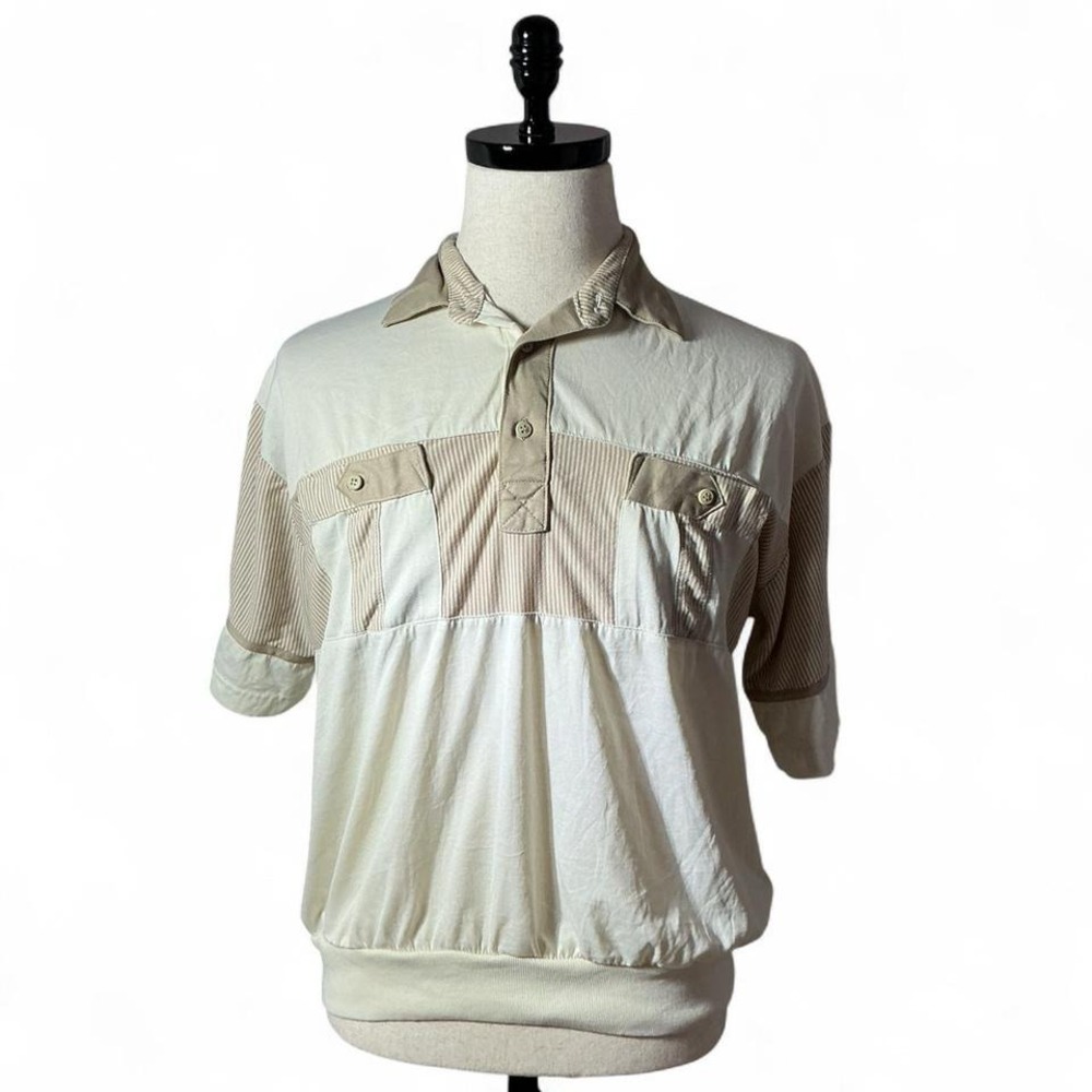Classics by Palmland Vintage Tan Cream Striped Banded Hem Preppy‎ Polo Shirt XL